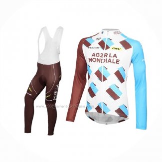 2016 Abbigliamento Ciclismo Ag2rla Bianco Marrone Manica Lunga e Salopette