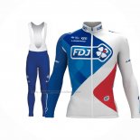 2017 Abbigliamento Ciclismo FDJ Blu Bianco Manica Lunga e Salopette