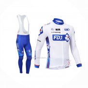 2013 Abbigliamento Ciclismo FDJ Bianco Celeste Manica Lunga e Salopette